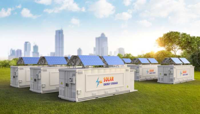 Solar battery storage system providing backup power.